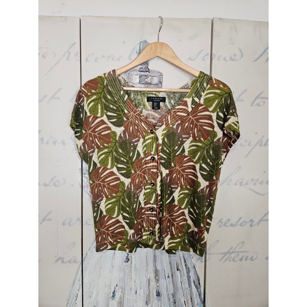 Tahari 100% Linen Button‎ Down Top S Green Tropical Monstera Leaf Lagenlook